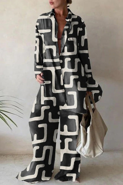 ' Lapel Printed Top+pants Loose Suit