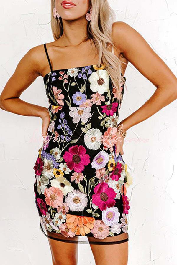 Dream World Embroidered Applique Adjustable Straps Mini Dress