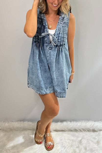 V-neck Patchwork Pleated Washed Water Short Jumpsuit