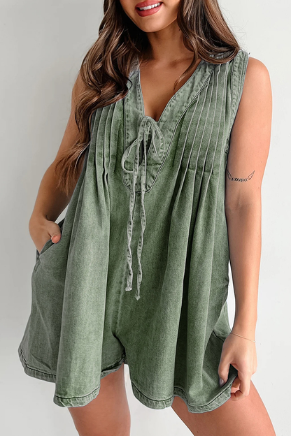 V-neck Patchwork Pleated Washed Water Short Jumpsuit