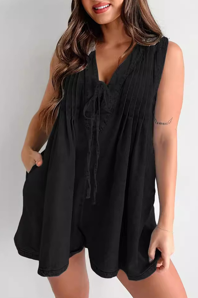 V-neck Patchwork Pleated Washed Water Short Jumpsuit