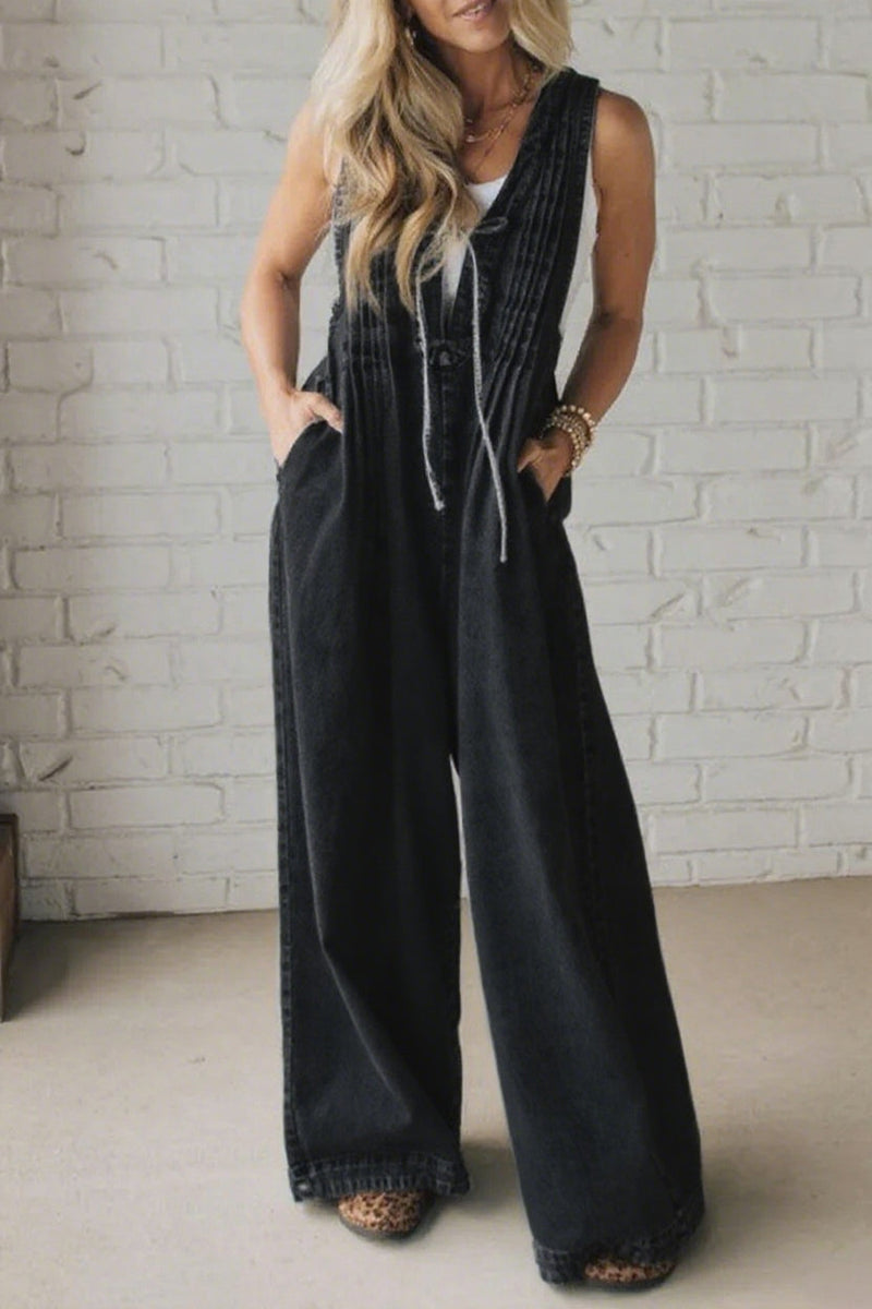 ' Shoulder Strap Hollow Splicing Pleated Jumpsuit