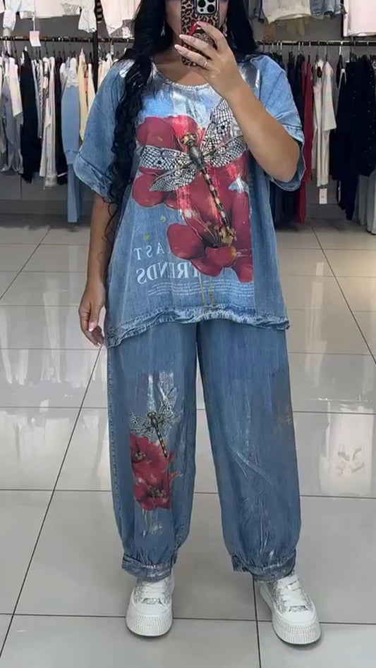 ' Round Neck Printed Top + Pants Set