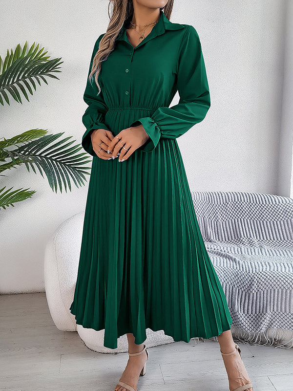 A-line Flared Sleeves Buttoned Elasticity Pleated Color Lapel Maxi Dresses