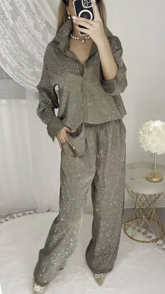 ' Collar Hot Pressed Diamond Splicing Top+ Pants Set