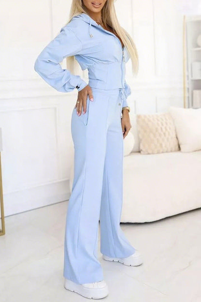Round Neck Hooded Zipper Top+ Pants With Temperament Suit