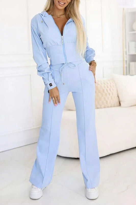 Round Neck Hooded Zipper Top+ Pants With Temperament Suit