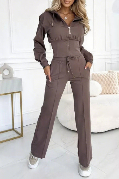 Round Neck Hooded Zipper Top+ Pants With Temperament Suit