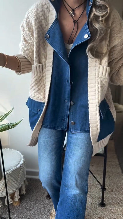 Collar Patchwork Knitted Coat