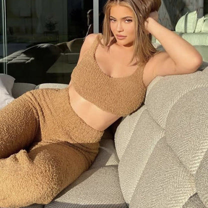 Plush Sweater V-neck Cropped Vest Pants Two-piece Suit for Fluffy