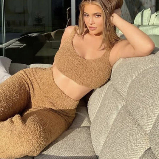 Plush Sweater V-neck Cropped Vest Pants Two-piece Suit for Fluffy