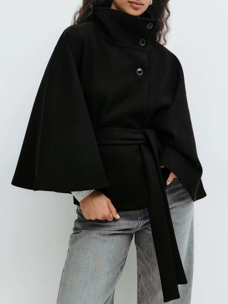 Standing Collar Cape Button Waistband Windbreaker Coat