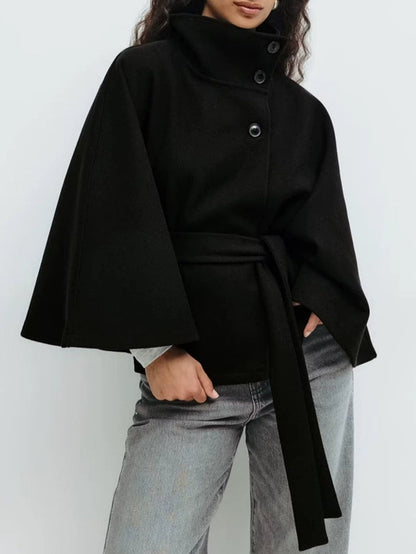 Standing Collar Cape Button Waistband Windbreaker Coat