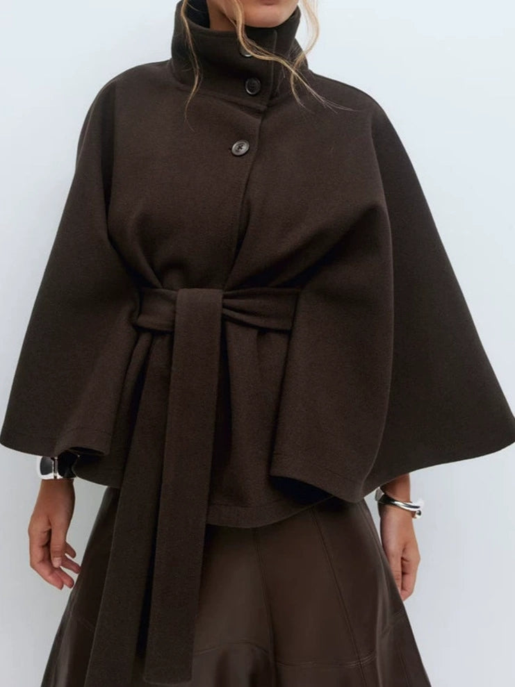 Standing Collar Cape Button Waistband Windbreaker Coat