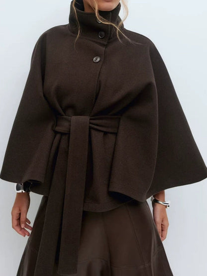 Standing Collar Cape Button Waistband Windbreaker Coat
