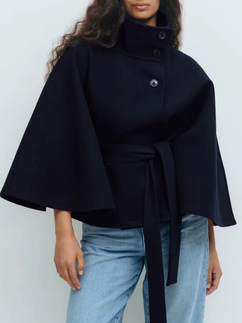Standing Collar Cape Button Waistband Windbreaker Coat