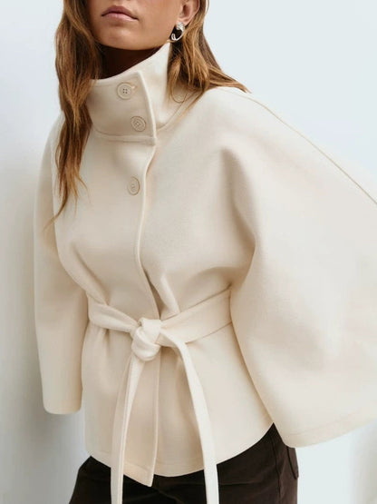 Standing Collar Cape Button Waistband Windbreaker Coat