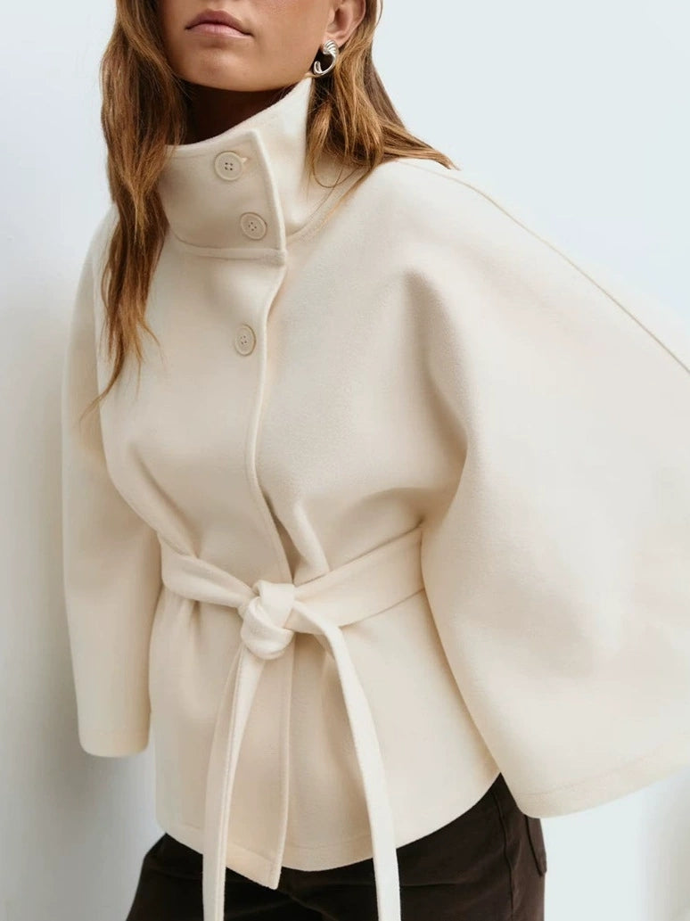 Standing Collar Cape Button Waistband Windbreaker Coat