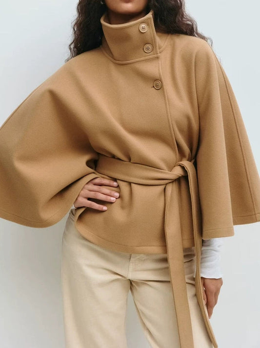 Standing Collar Cape Button Waistband Windbreaker Coat