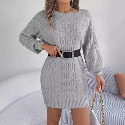 Round Neck Color Lantern Sleeve Straight Sweater Dress
