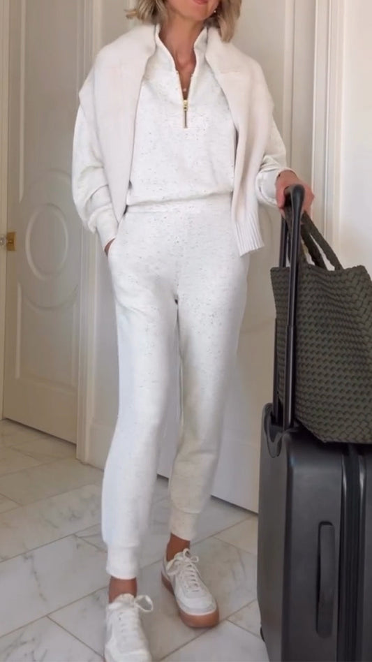 Stand-up Collar Half Zipper Top + Pants Suit