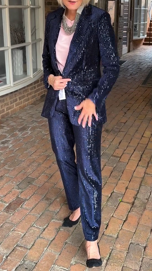 Lapel Sequined Jacket + Pants Commuter Temperament Suit