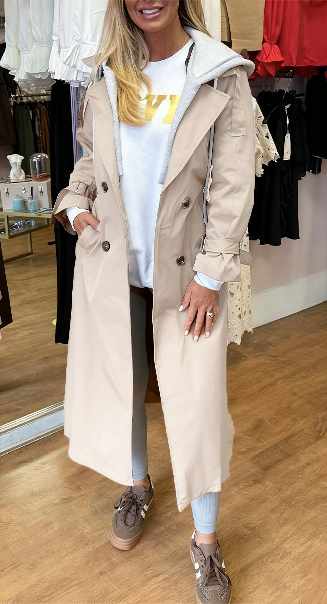 Hooded Lapel Fake Two-piece Long Trench Coat