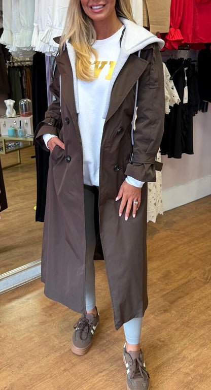 Hooded Lapel Fake Two-piece Long Trench Coat