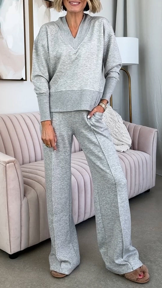 V-neck Patchwork Top + Pants Suit