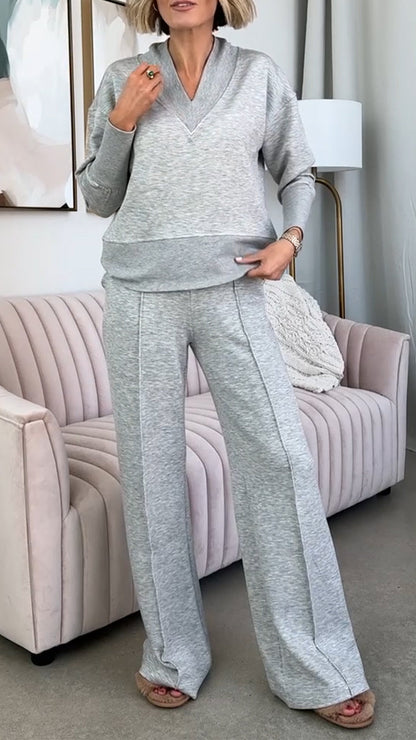 V-neck Patchwork Top + Pants Suit