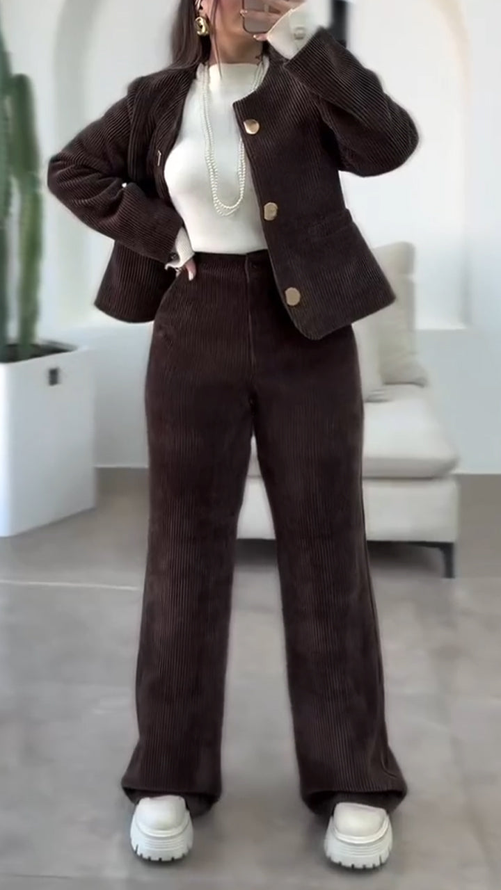 Round-neck Button-down Jacket + Pants Suit