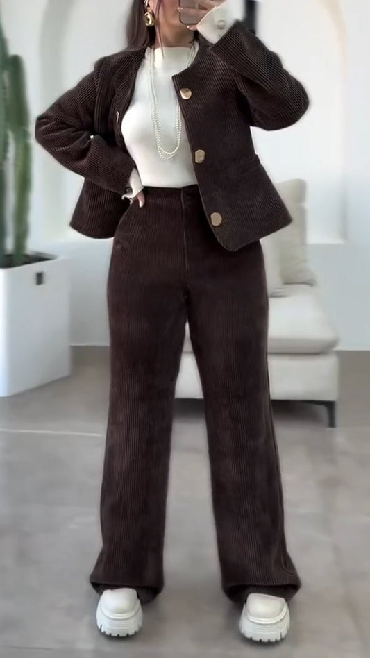 Round-neck Button-down Jacket + Pants Suit