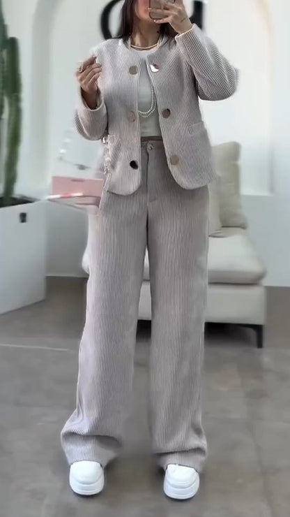 Round-neck Button-down Jacket + Pants Suit