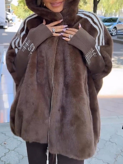 Plush Hooded Vertical Stripe Printed Coat