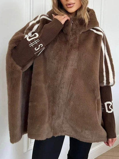 Plush Hooded Vertical Stripe Printed Coat