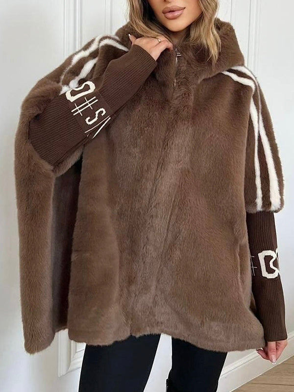 Plush Hooded Vertical Stripe Printed Coat