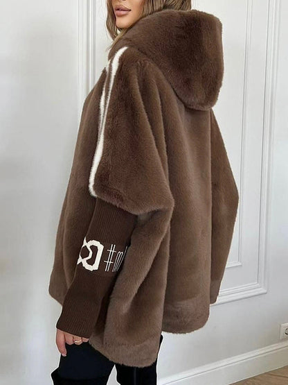 Plush Hooded Vertical Stripe Printed Coat