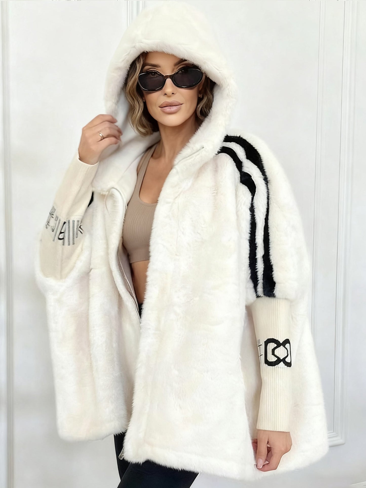 Plush Hooded Vertical Stripe Printed Coat