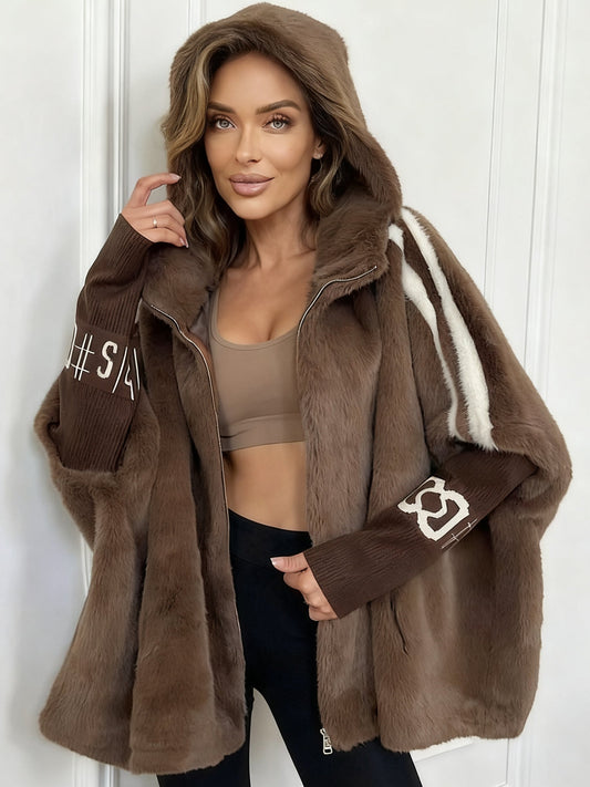 Plush Hooded Vertical Stripe Printed Coat