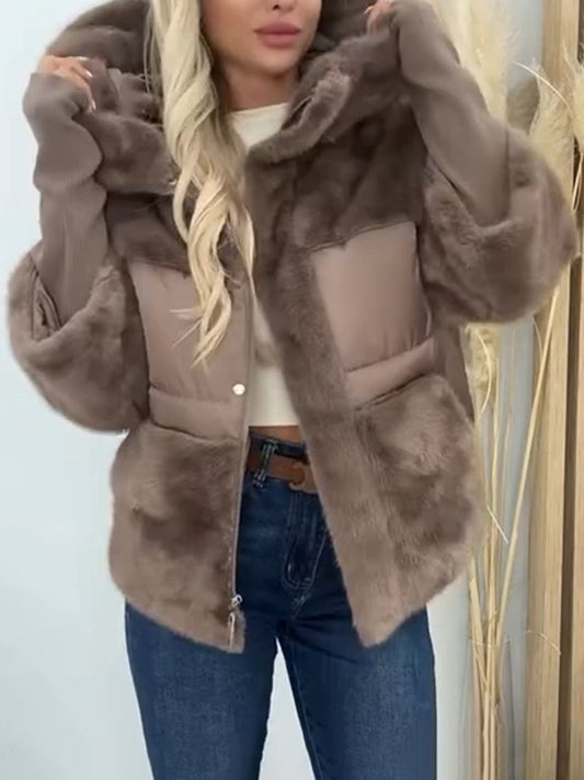 Hooded Plush Patchwork Coat