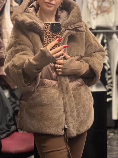 Hooded Plush Patchwork Coat