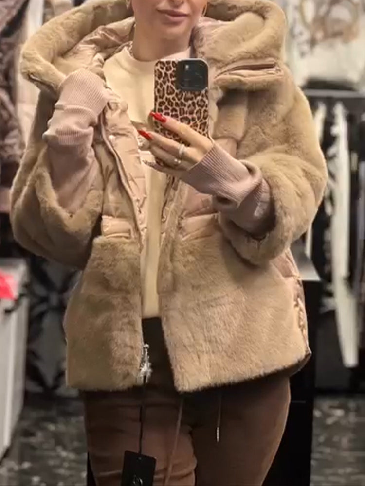Hooded Plush Patchwork Coat