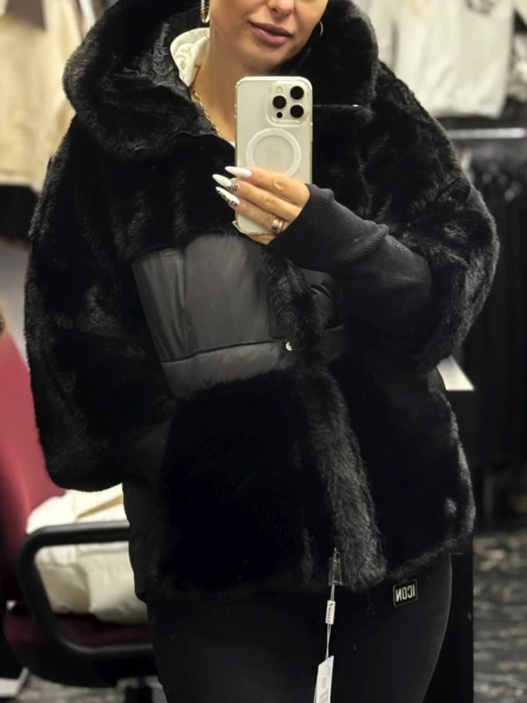 Hooded Plush Patchwork Coat