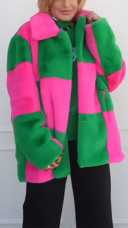 Lapel Contrast Color Plush Coat