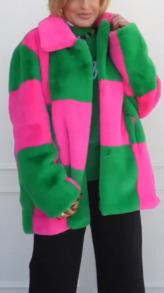 Lapel Contrast Color Plush Coat