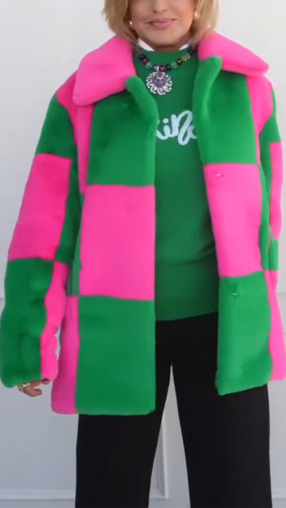 Lapel Contrast Color Plush Coat