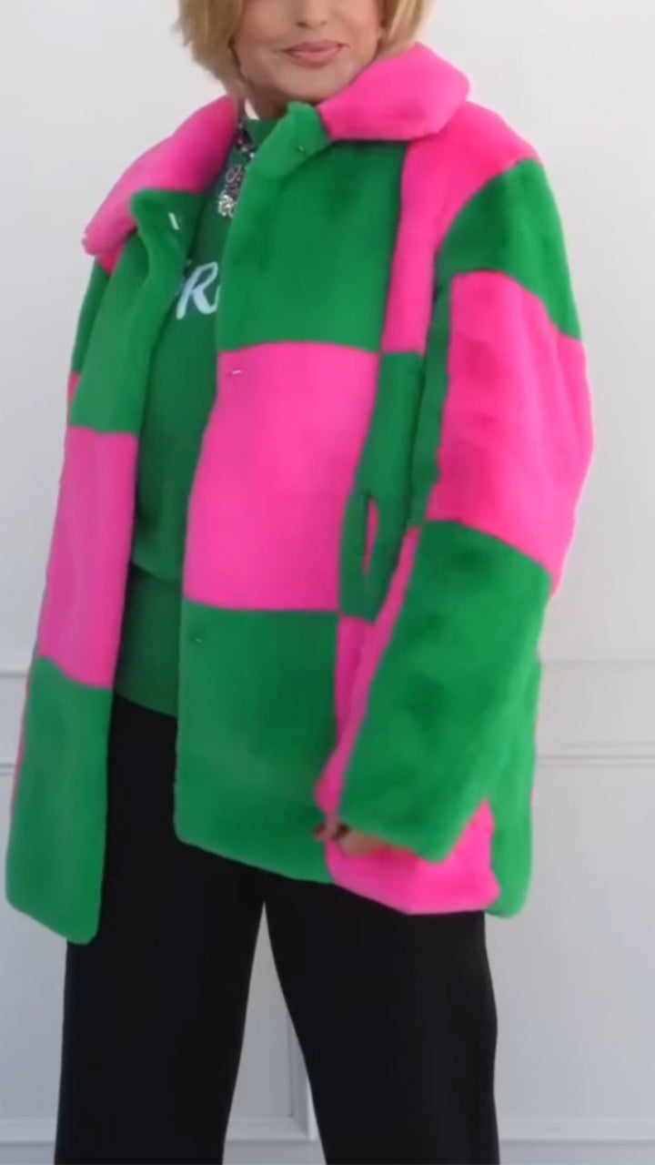 Lapel Contrast Color Plush Coat