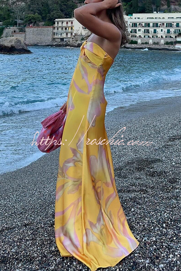 Catalina Island Satin Print Twist Bust Halter Maxi Dress