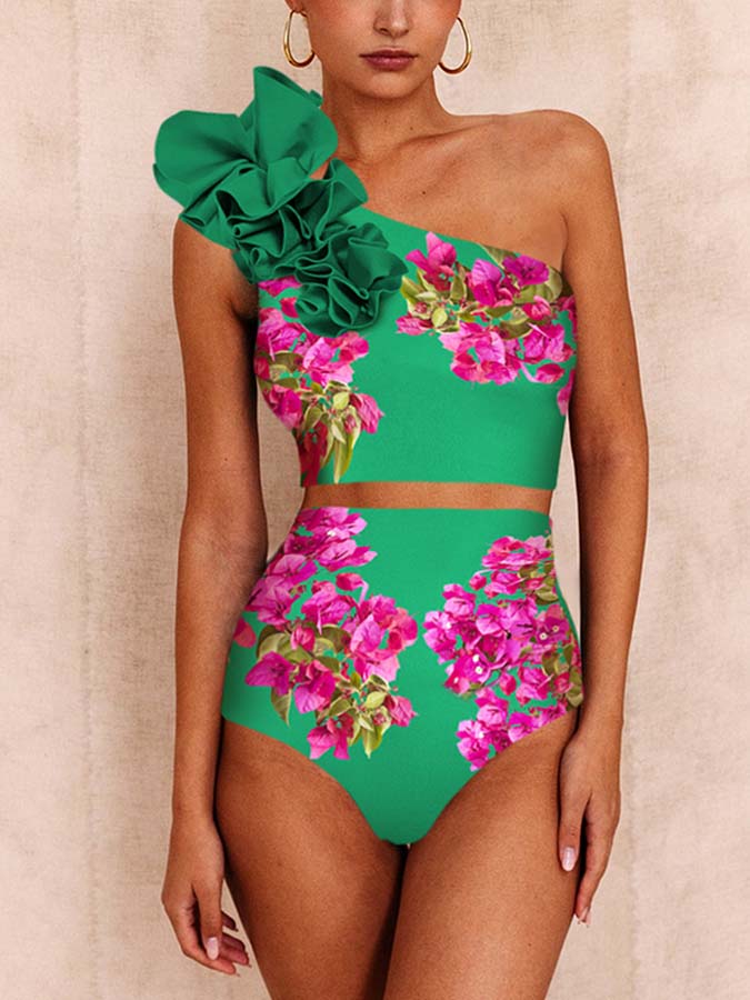 Pink Bougainvillea Flower Printed Bikini Swimsuit and Skirt