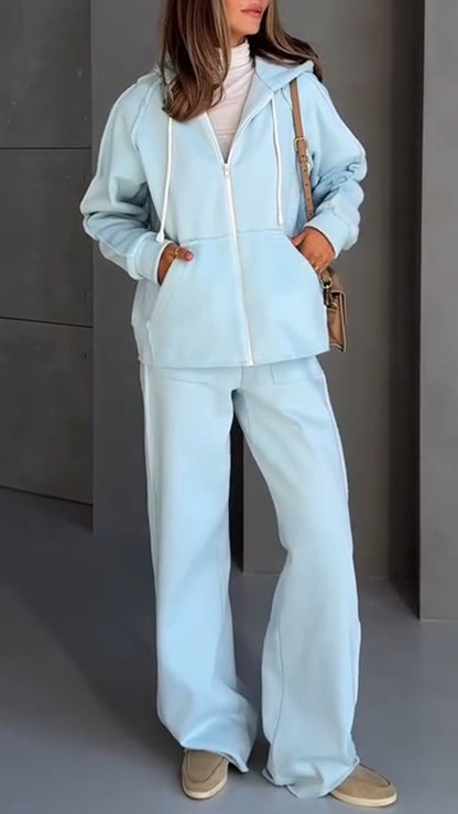Round Neck Hooded Jacket + Pants Suit